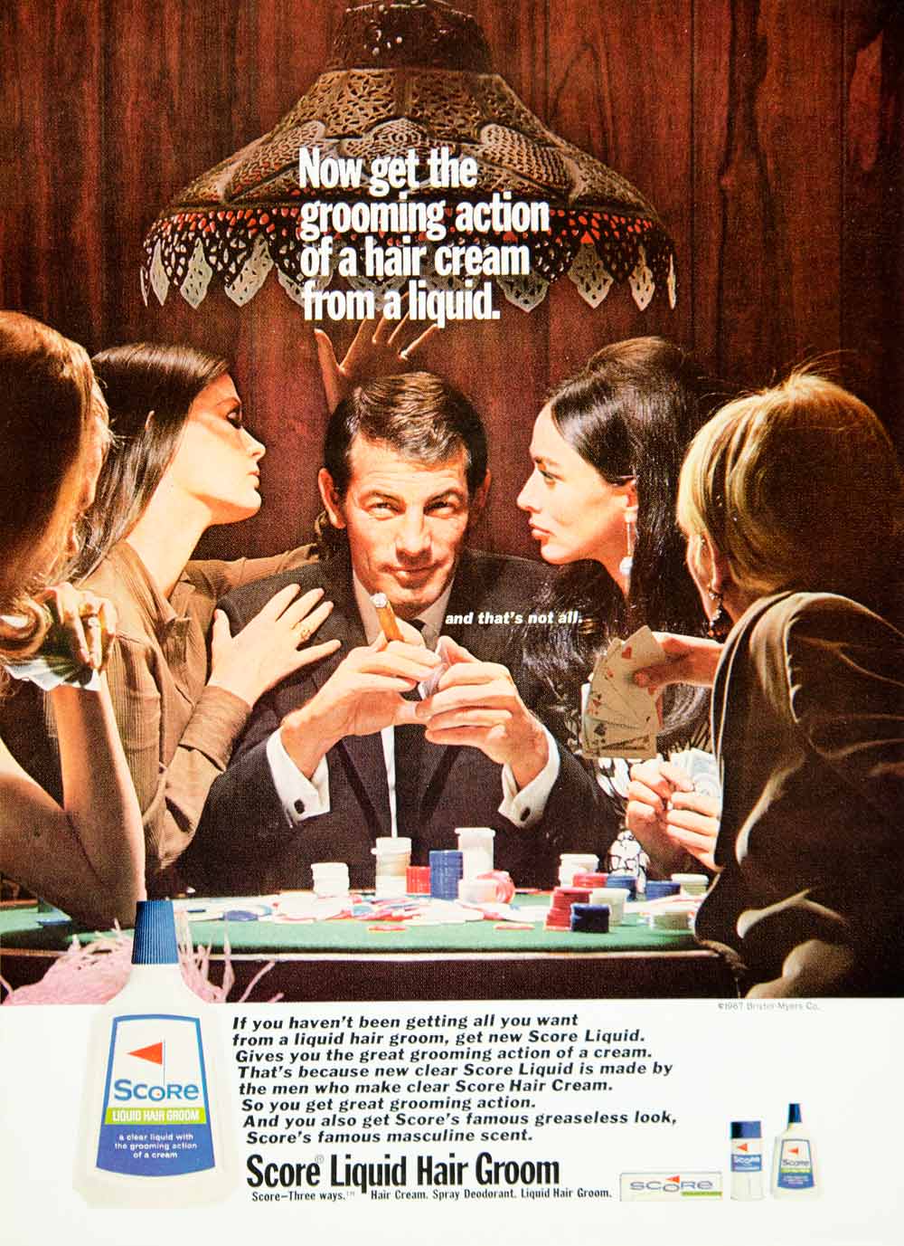 1967 Ad Vintage Score Liquid Hair Groom Men Toiletries Grooming Poker Game YMMA3