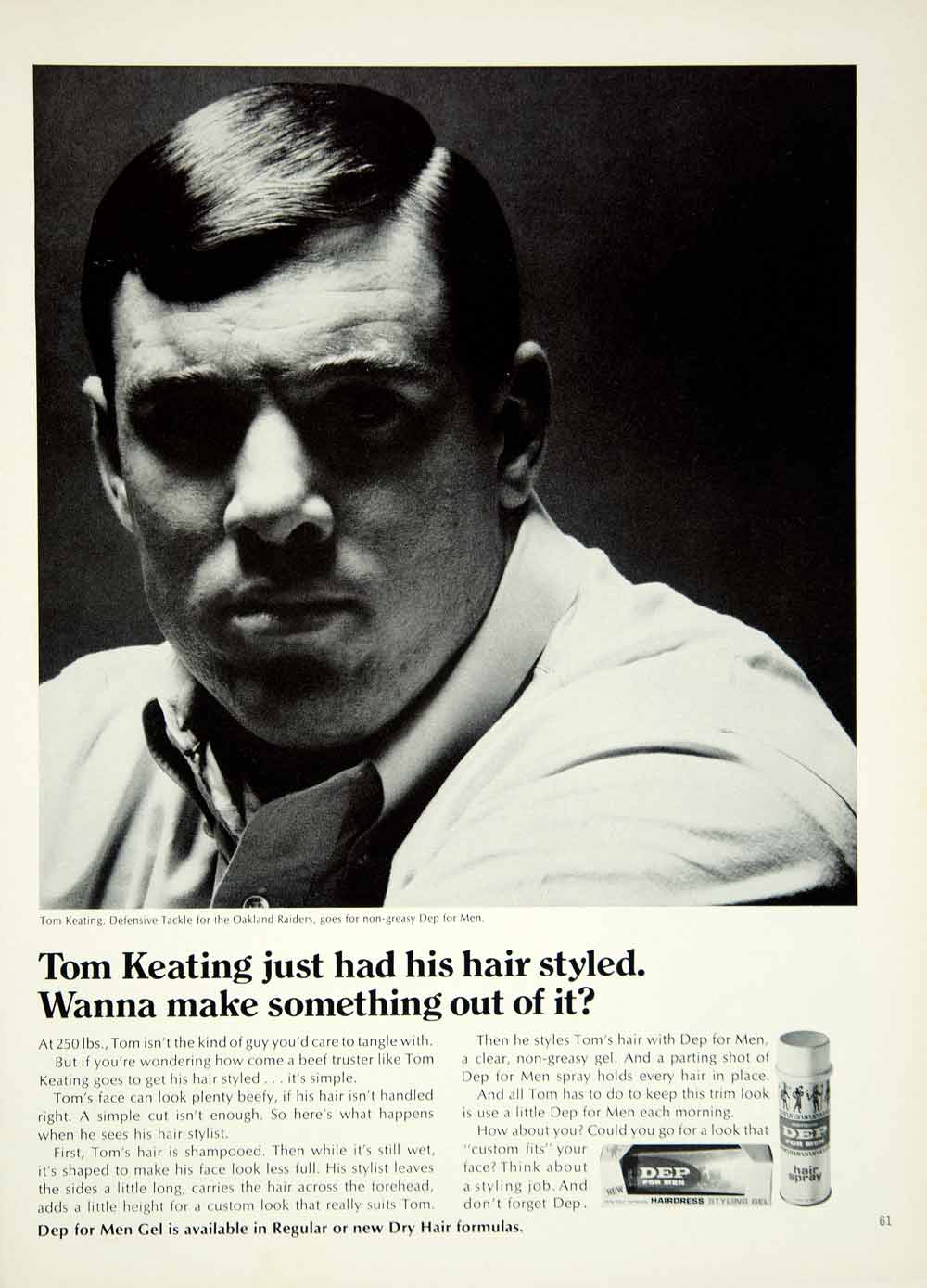1967 Ad Dep Hair Gel Men Tom Keating Oakland Raiders Football Defensive YMMA3