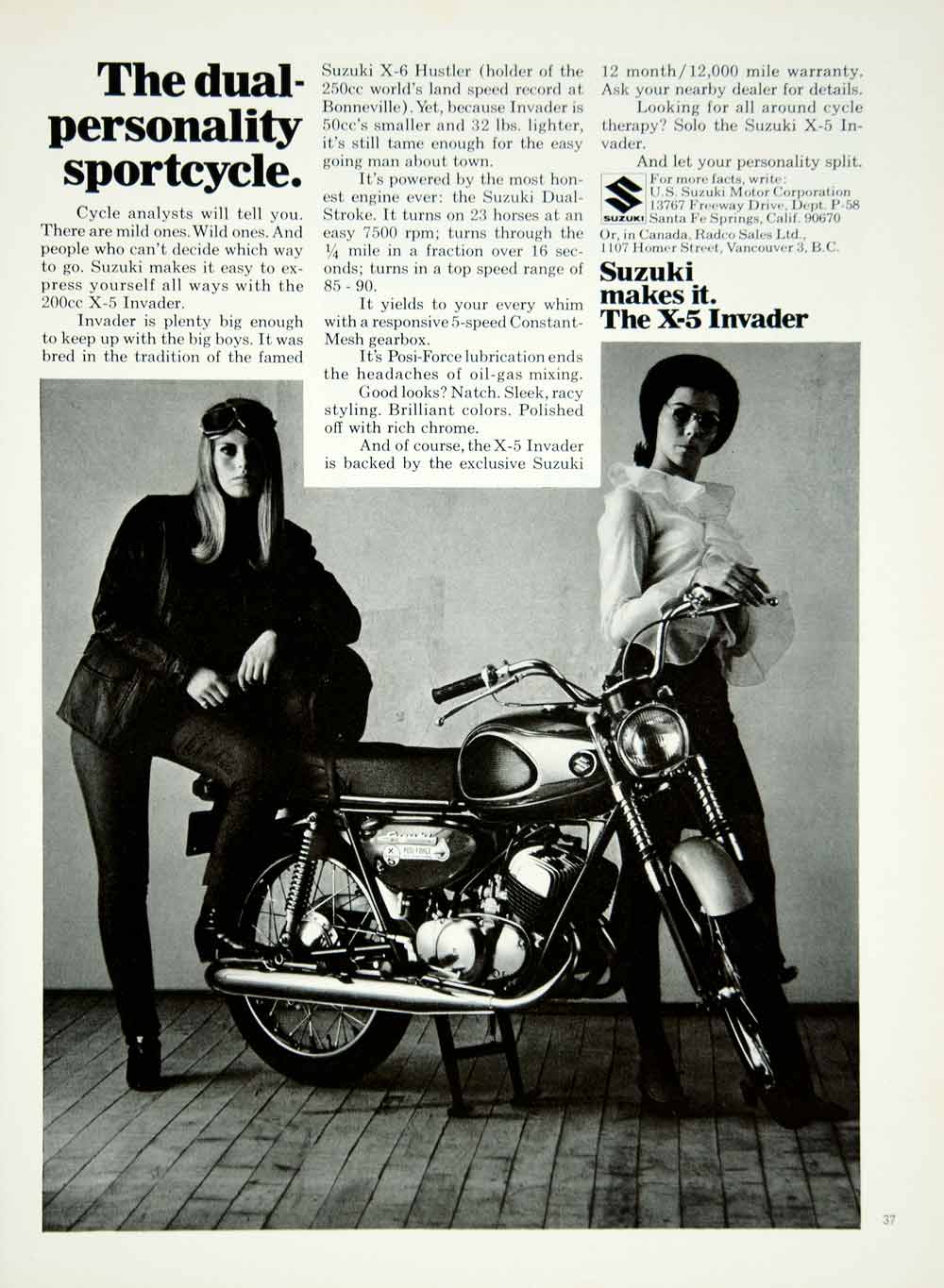 1968 Ad Suzuki 200cc X-5 Invader Motorcycle Women Motorcyclists Sportcycle YMMA3