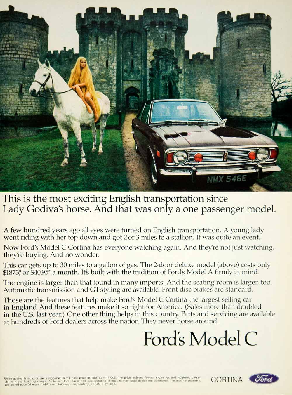 1968 Ad Ford Model C Cortina Automobile Nude Lady Godiva Horse Castle YMMA3