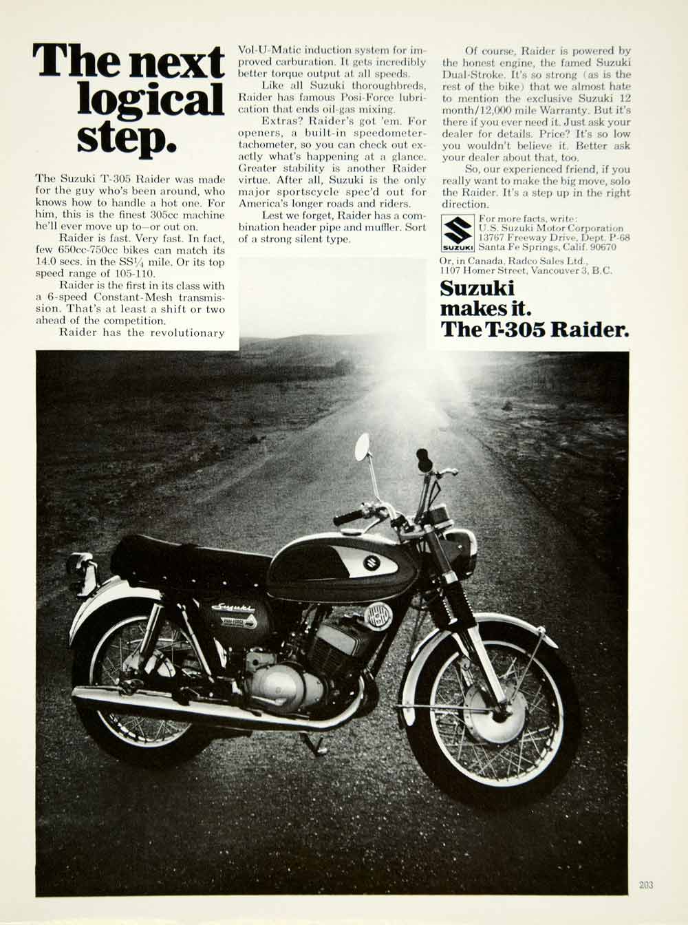 1968 Ad Vintage Suzuki T-305 Raider Motorcycle Japanese