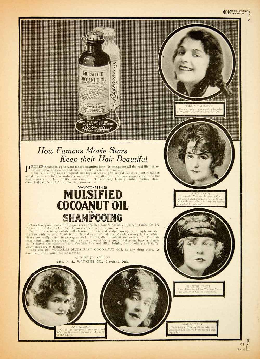 1919 Ad Watkins Mulsified Cocoanut Oil Shampooing Alice Brady Blanche Sweet YMP1