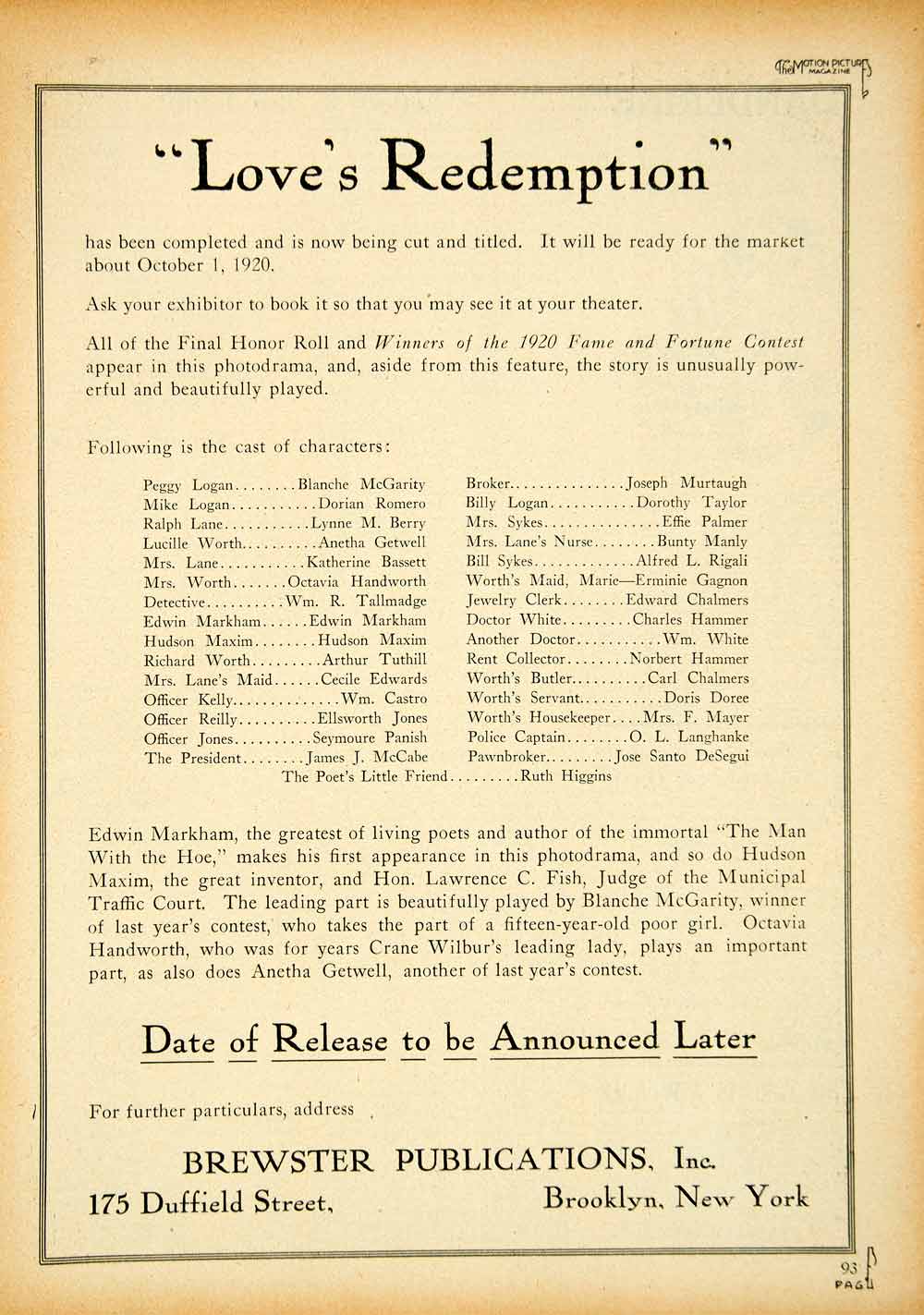 1921 Ad Love's Redemption Brewster Publications 175 Duffield Street Effie YMP1