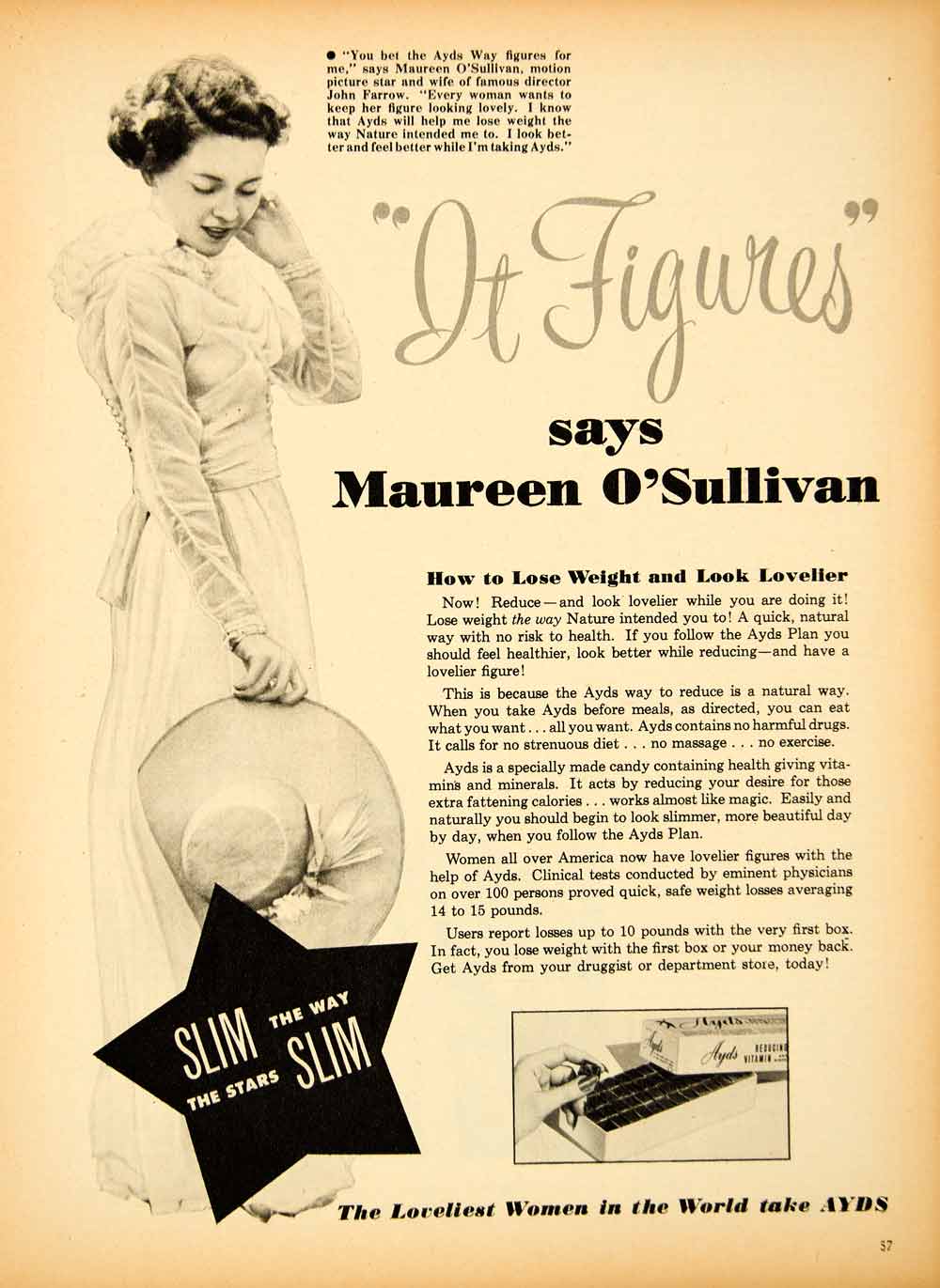 1949 Ad Maureen O'Sullivan Slim Weight Loss Ayds Way Candy Vitamin Gimmick YMP1