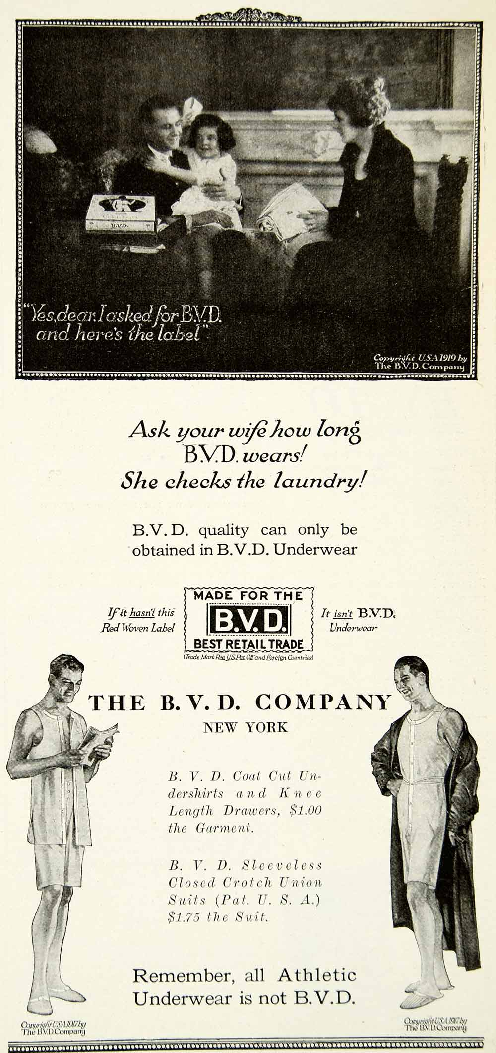 1919 Ad BVD Athletic Underwear Bradley Voorhees Day Undergarment Male YMP1