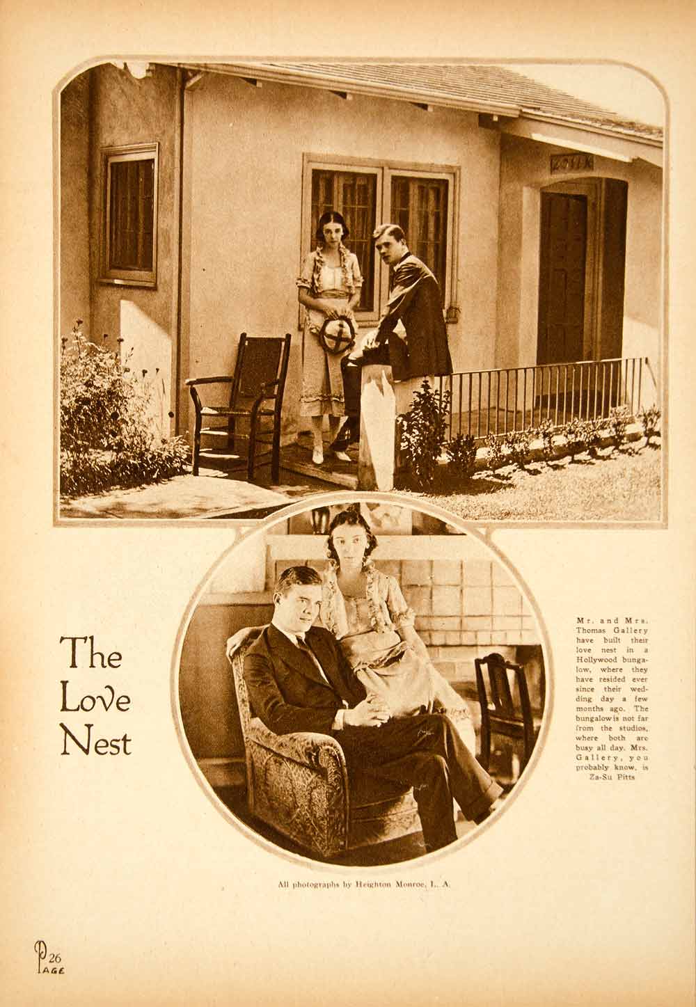 1921 Rotogravure Love Nest Thomas Gallery Hollywood Bungalow Za-Su Pitts YMP1