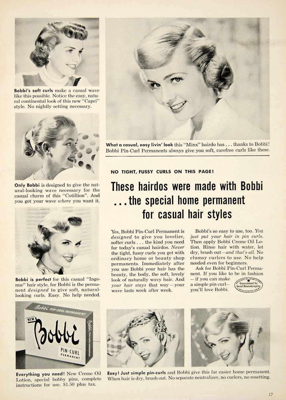 1953 Ad Portrait Woman Bobbi Pin Curl Home Permanent Hair Style Beauty YMP2