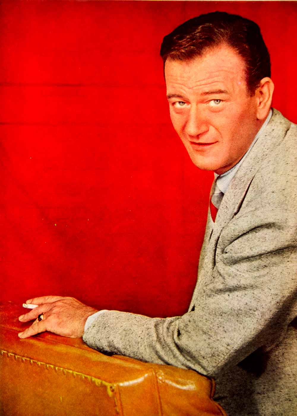 1953 Color Print John Wayne Portrait Actor Hollywood Smoke Couch Red M – Period Paper Historic Art LLC