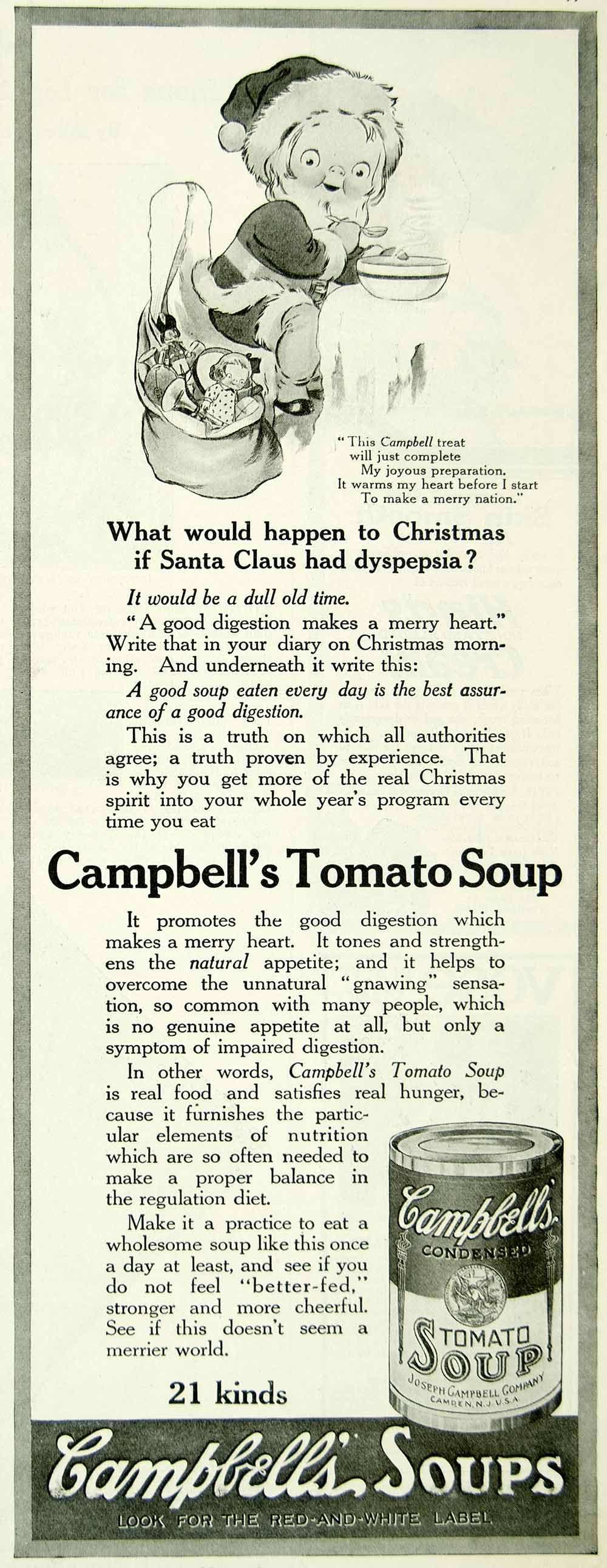 1916 Ad Vintage Campbell's Tomato Soup Kid Santa Clause Christmas Digestion YMP3