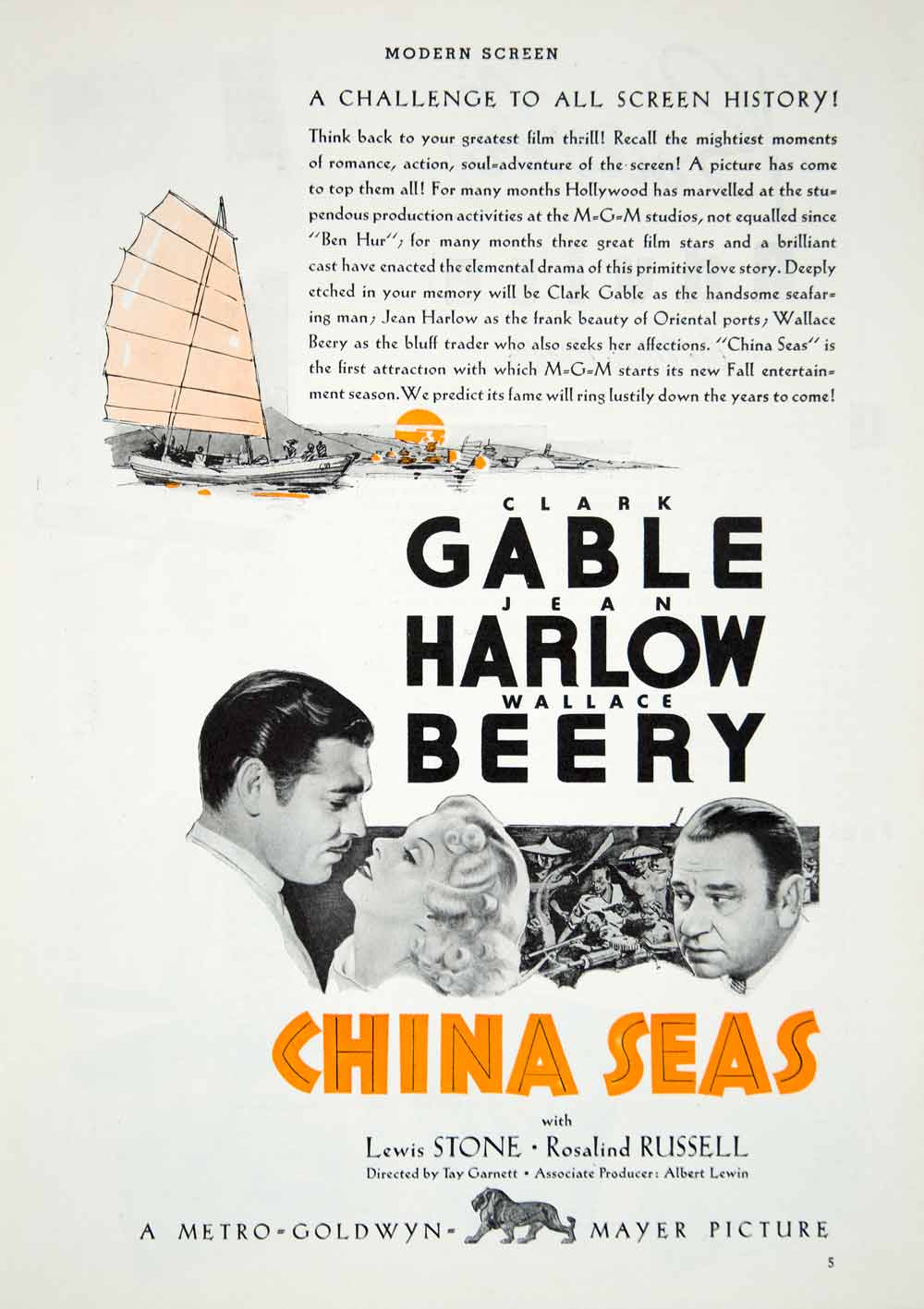 1935 Ad Movie China Seas Clark Gable Jean Harlow Tay Garnett Wallace Beery YMS1