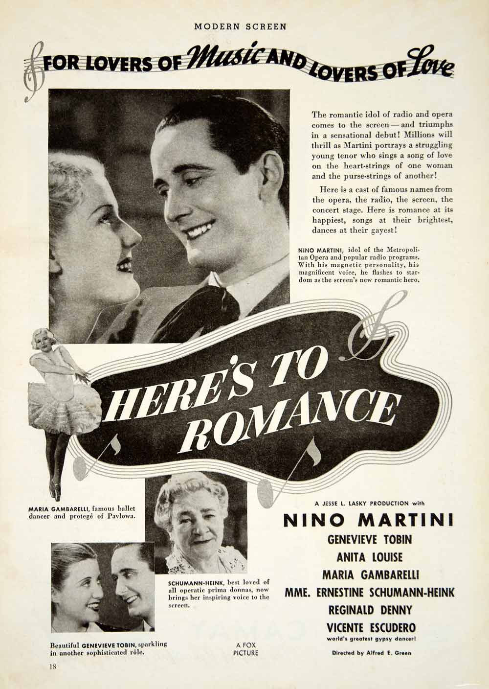 1935 Ad Movie Here's to Romance Nino Martini Genevieve Tobin Fox Film YMS1 - Period Paper
