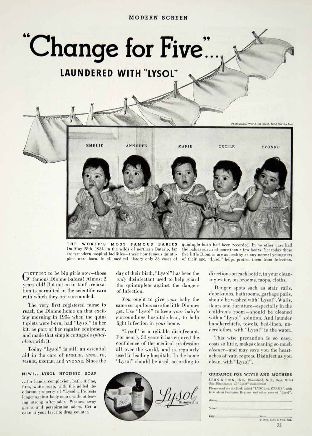 1936 Ad Lysol Disinfectant Laundry Dionne Quintuplets Quints Sisters Babies YMS1