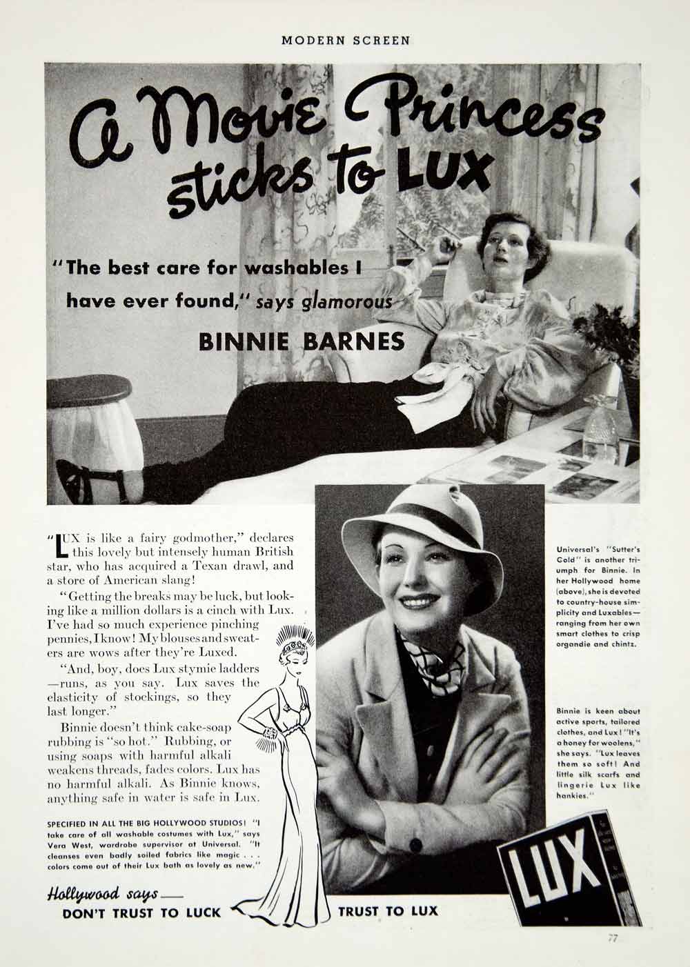 1936 Ad Lux Laundry Soap Detergent Binnie Barnes Movie Actress Hollywood YMS1