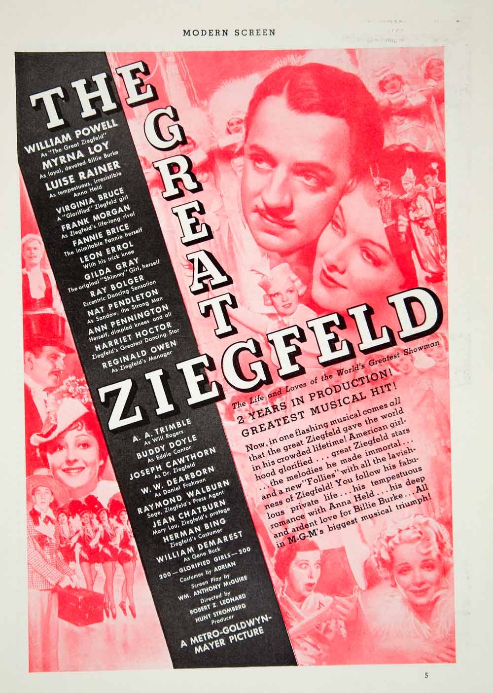 1936 Ad Movie Great Ziegfeld Florenz Follies William Powell Myrna Loy MGM YMS1