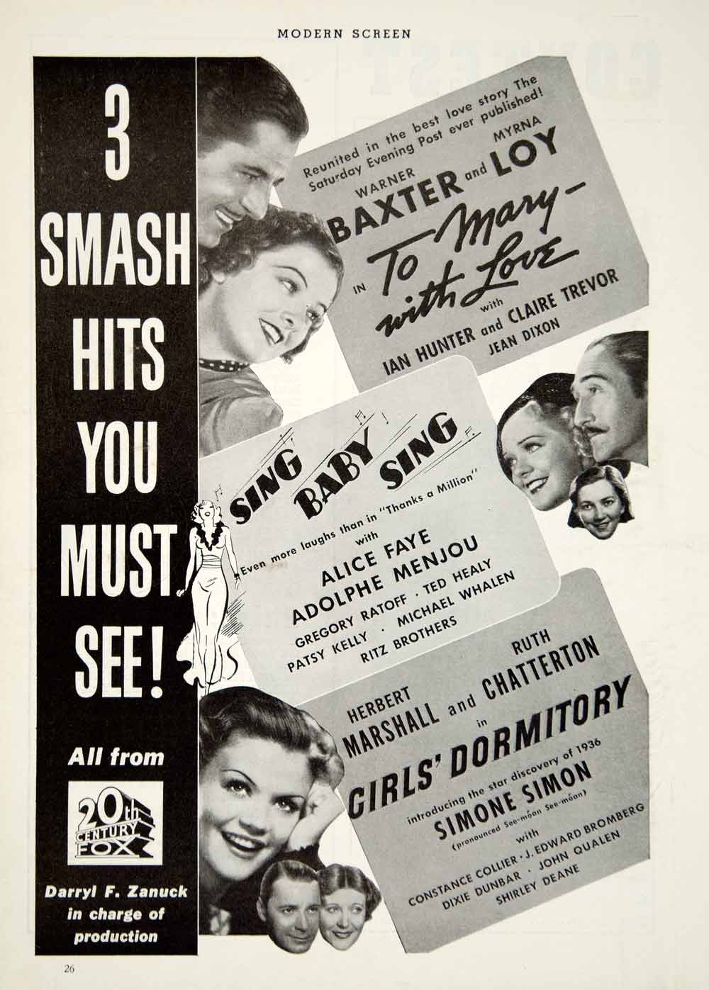 1936 Ad Movie 20th Century Fox To Mary With Love Sing Baby Girls' Dormitory YMS1