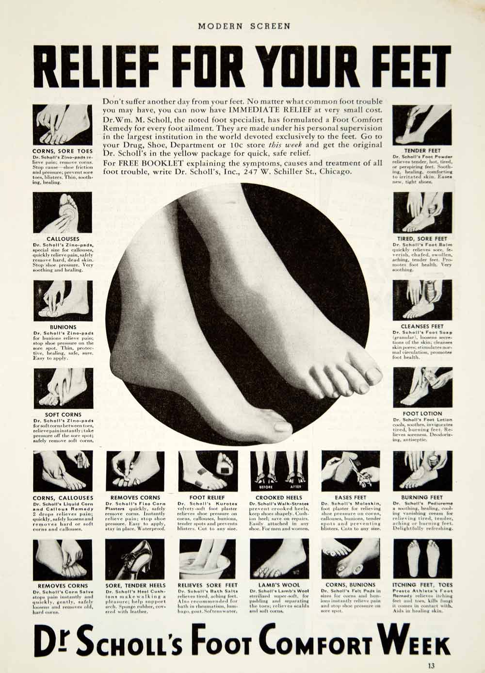 1937 Ad Vintage Scholl's Foot Comfort Remedy Bunion Corn Callous Pain YMS1