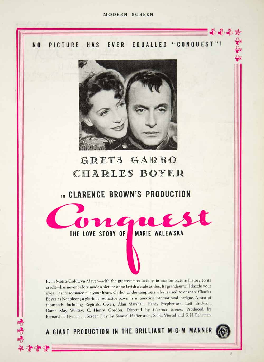 1937 Ad Film Conquest Countess Marie Walewska Greta Garbo Charles Boyer YMS1