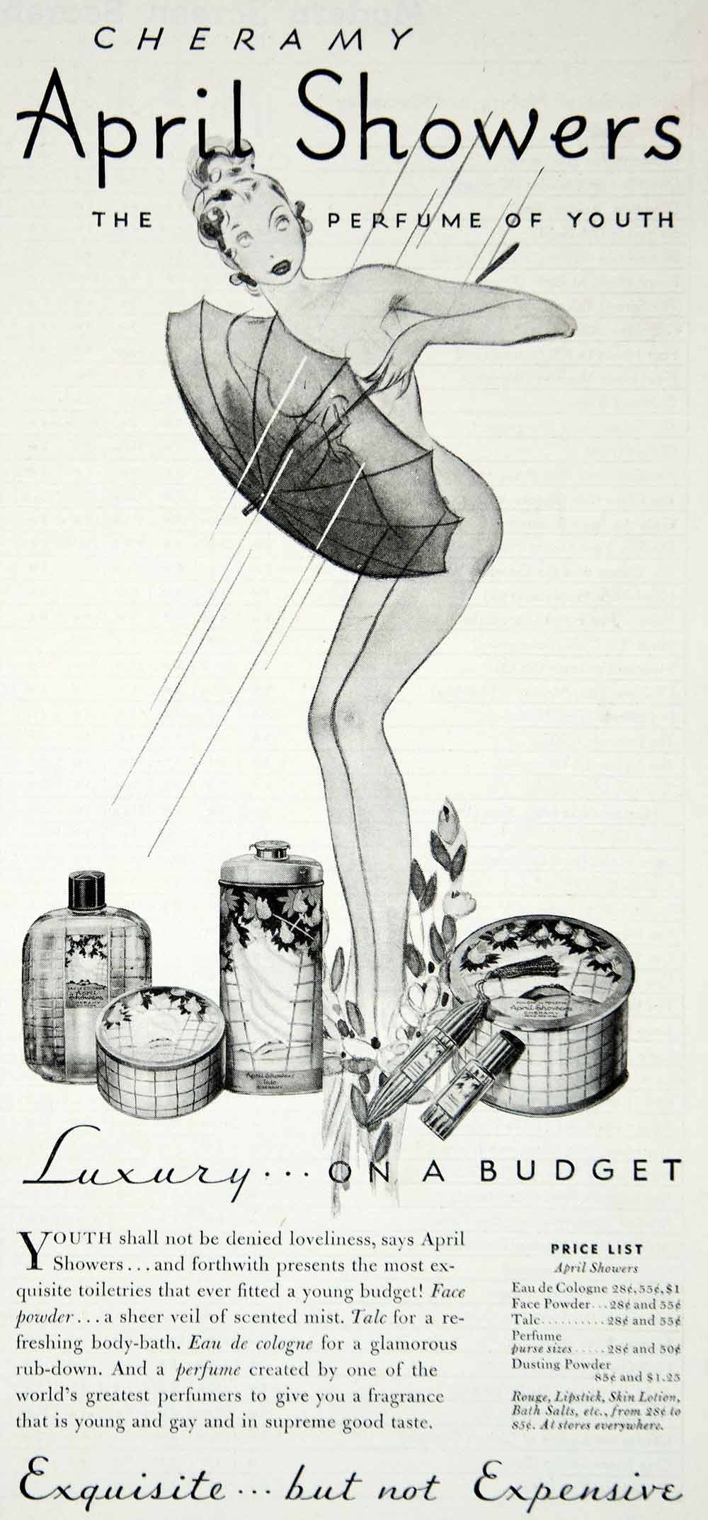 1935 Ad Vintage April Showers Perfume Cheramy Nude Woman Lady Umbrella YMS1