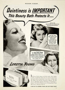 1938 Ad Vintage Lux Toilet Soap Loretta Young Movie Star Actress Skin Face YMS2
