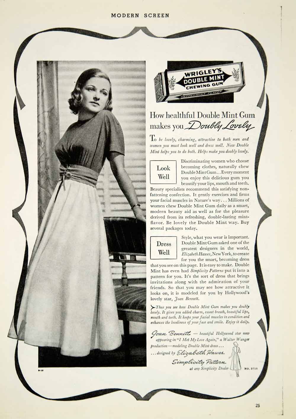 1938 Ad Wrigley's Double Mint Chewing Gum Joan Bennett Movie Star YMS2