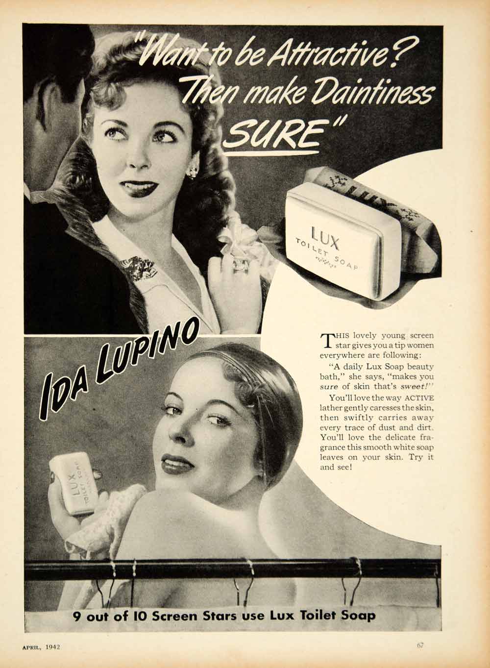 1942 Ad Lux Toilet Soap Ida Lupino Movie Actress Star Beauty Shower Skin YMS2