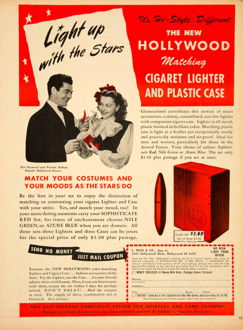 1945 Ad Hollywood Stars Cigarette Lighter Case Pat Desmond Wanda McKay WWII YMS2
