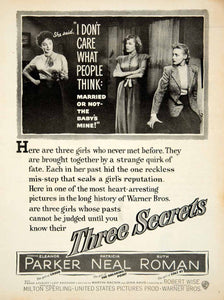 1950 Ad Movie Three Secrets Robert Wise Eleanor Parker Patricia Neal Ruth YMS2