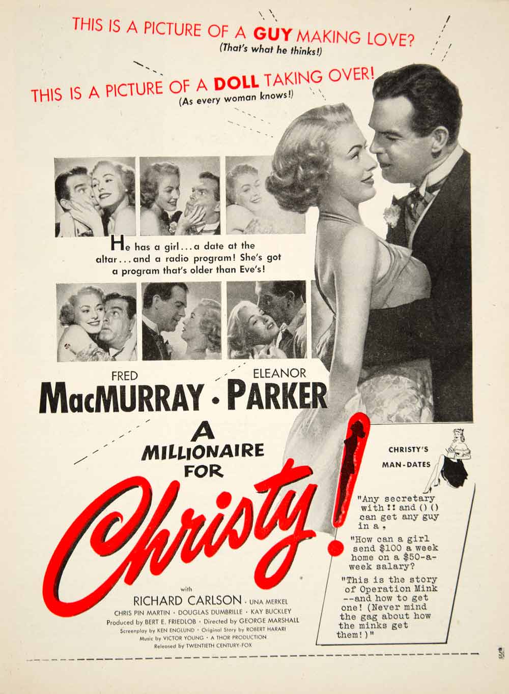1951 Ad Movie Millionaire for Christy Fred MacMurray Eleanor Parker Co –  Period Paper Historic Art LLC, image size:1000x1365
