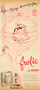 1945 Ad Vintage Cheramy Frolic Perfume Lovers Dancing Red Heart Cupid YMS2