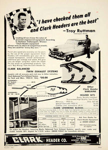 1952 Ad Clark Header Twin Exhaust System Car Auto Parts Troy Ruttman Race YMT1