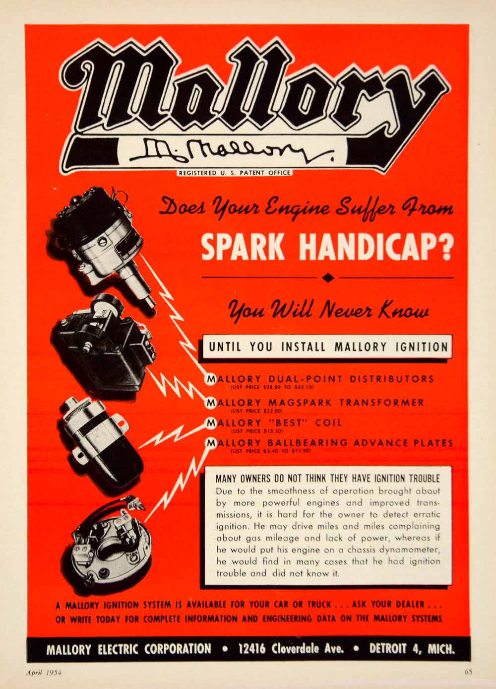 1954 Ad Mallory Electric Ignition Car Auto Parts 12416 Cloverdale Ave YMT1