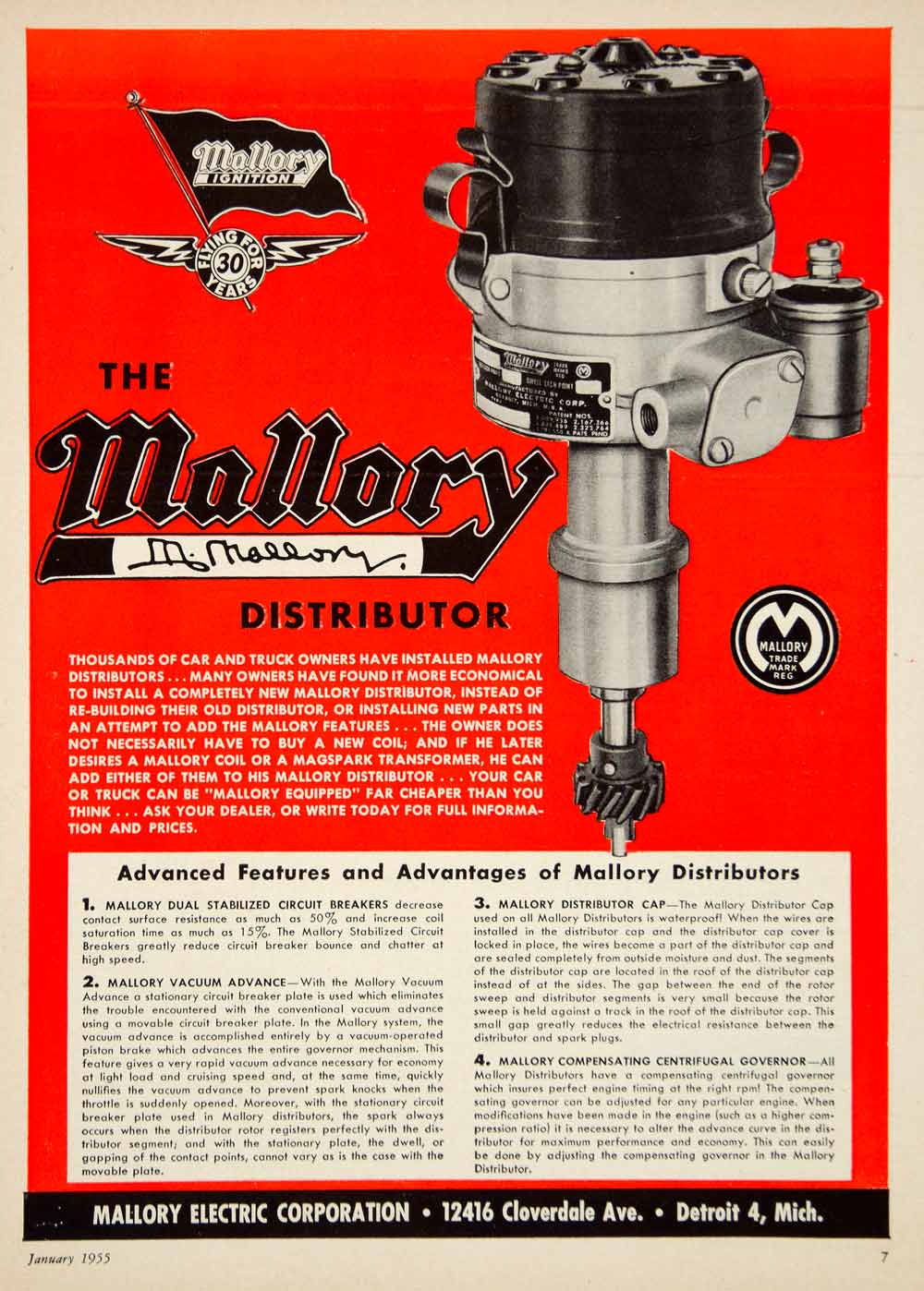 1955 Ad Mallory Electric Distributor Car Parts Automobile Engine Motor YMT1