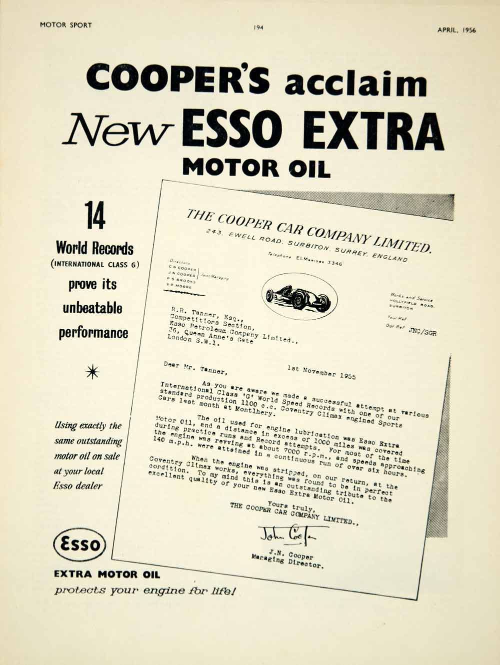1956 Ad Esso Extra Motor Oil Petroleum John N Cooper Car Automobile Racing YMT2