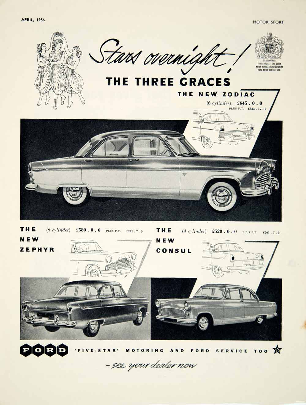 1956 Ad Ford Zodiac Zephyr Consul Classic Automobile Car Three Graces Auto YMT2