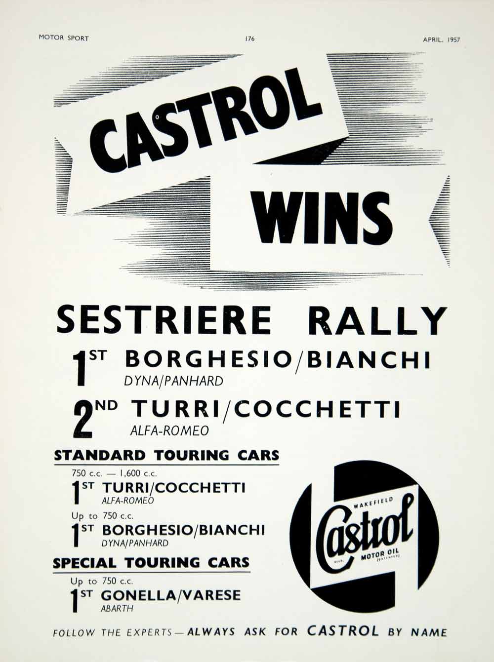 1957 Ad Castrol Motor Oil Petroleum Sestriere Rally Auto Racing Car Sports YMT2