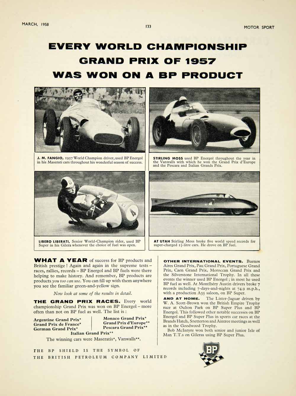 1958 Ad BP Motor Oil Petrol Stirling Moss JM Fangio Auto Grand Prix Racing YMT2