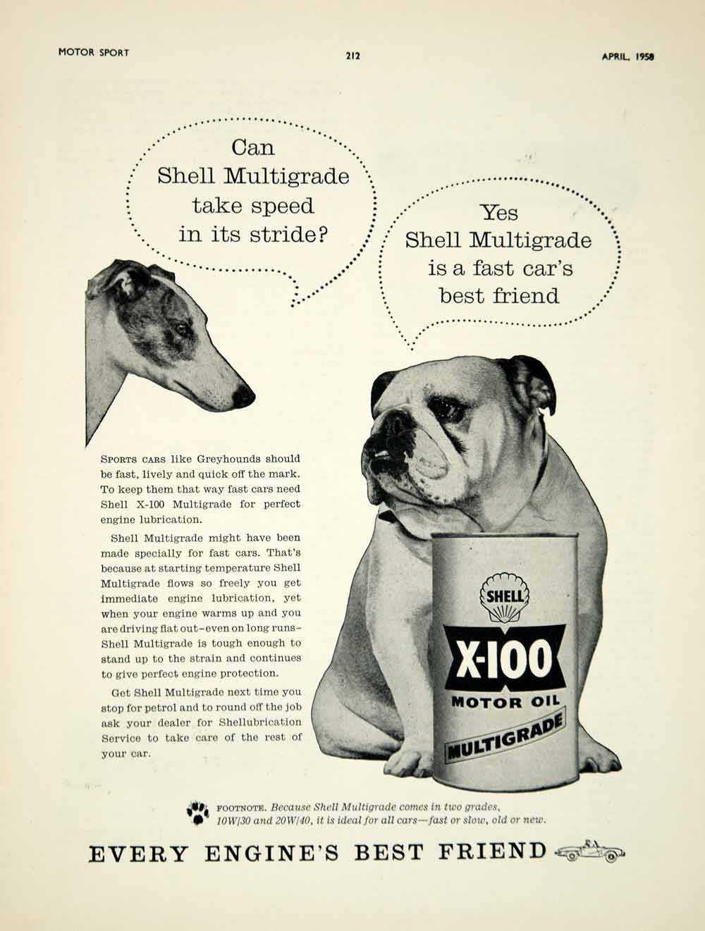 1958 Ad Shell X100 Motor Oil Petroleum Greyhound Bulldog Pet Car Automobile YMT2 - Period Paper
