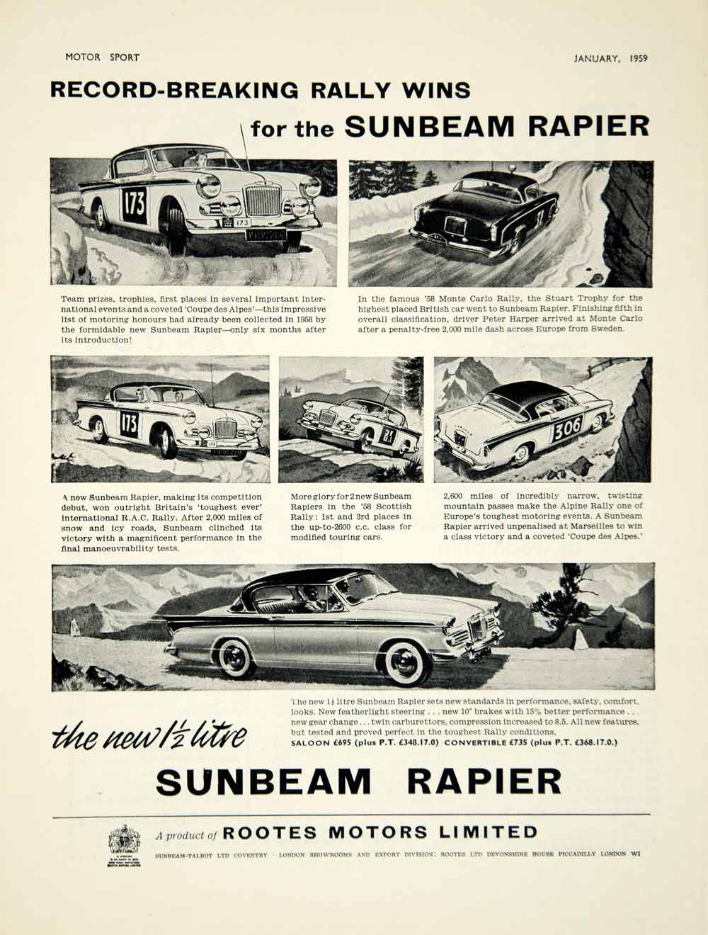1959 Ad Rootes Group Sunbeam-Talbot Rapier 1958 Monte Carlo Rally Car Auto YMT2