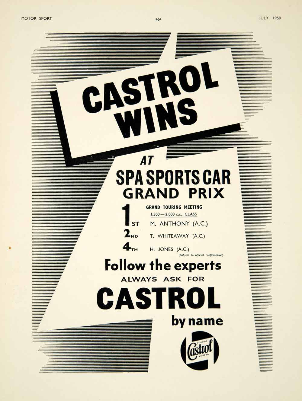 1958 Ad Castrol Motor Oil Petroleum Spa Sports Car Grand Prix Auto Racing YMT2