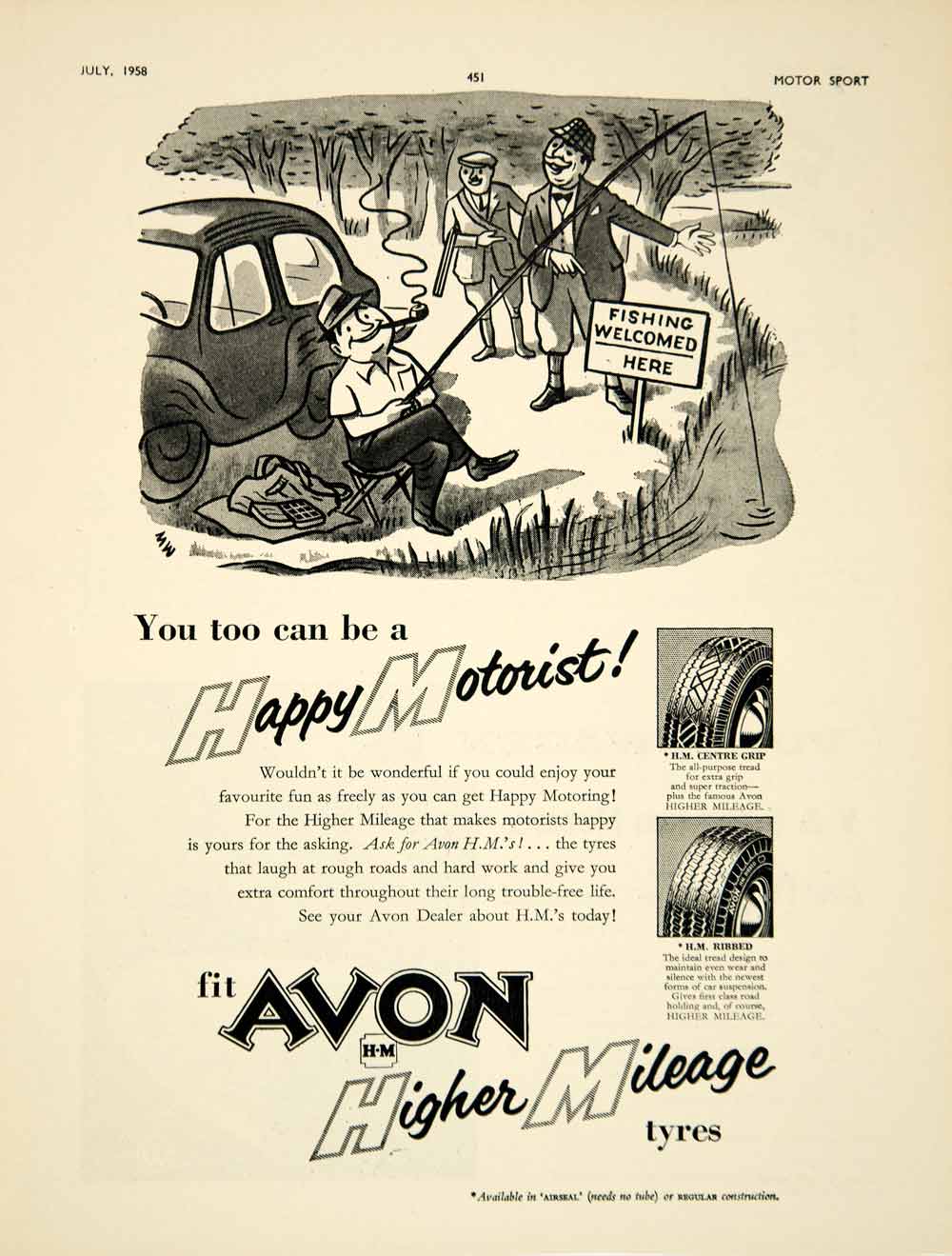 1958 Ad Avon HM Centre Grip Ribbed Tyre Tire Car Auto Parts Fishing Cartoon YMT2