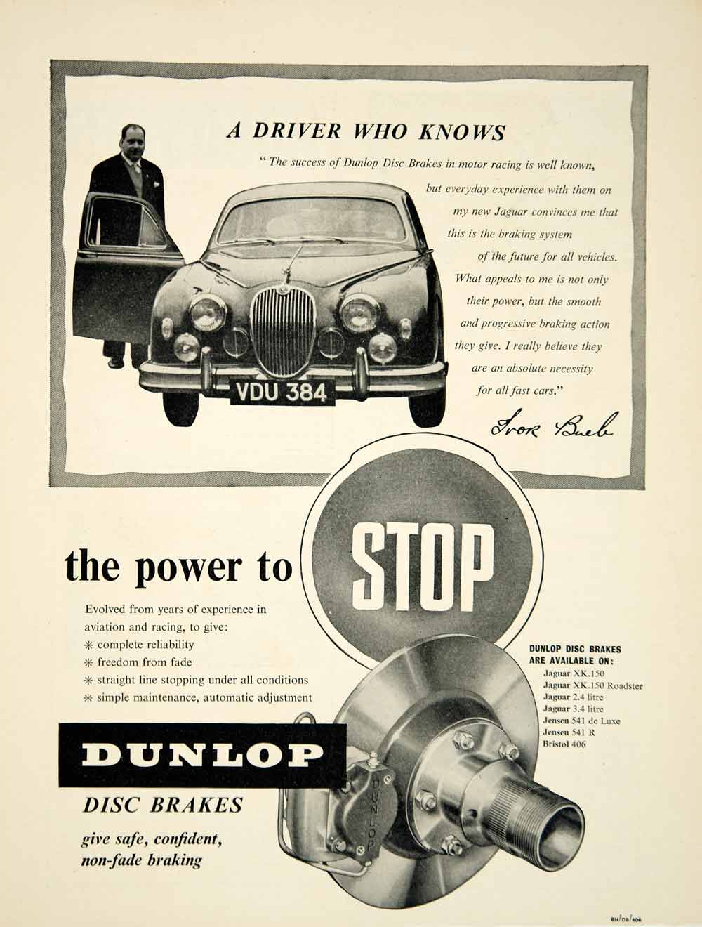 1958 Ad Dunlop Disc Brakes Ivor Bueb Formula One Racing Jaguar XK150 Car YMT2