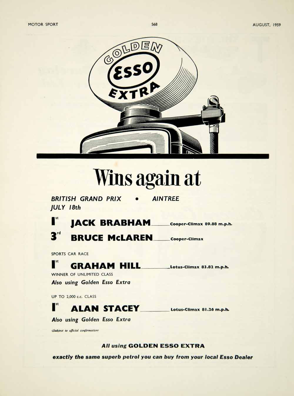 1959 Ad Esso Extra Golden Gas Fuel Petroleum British Grand Prix Auto Racing YMT2