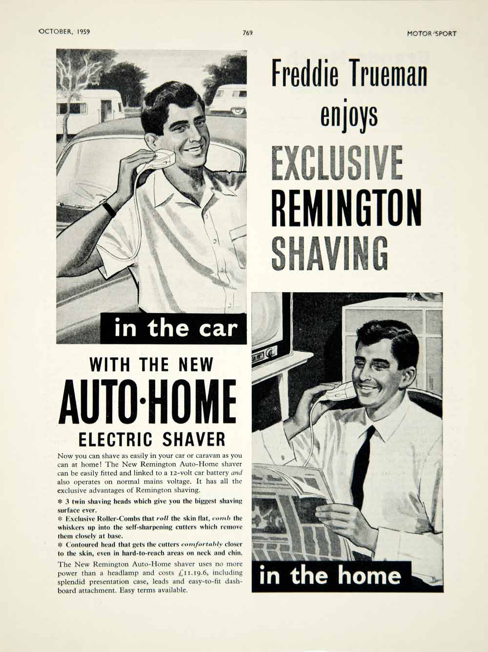 1959 Ad Remington Auto Home Electric Shaver Mens Razor Freddie Trueman Art YMT2