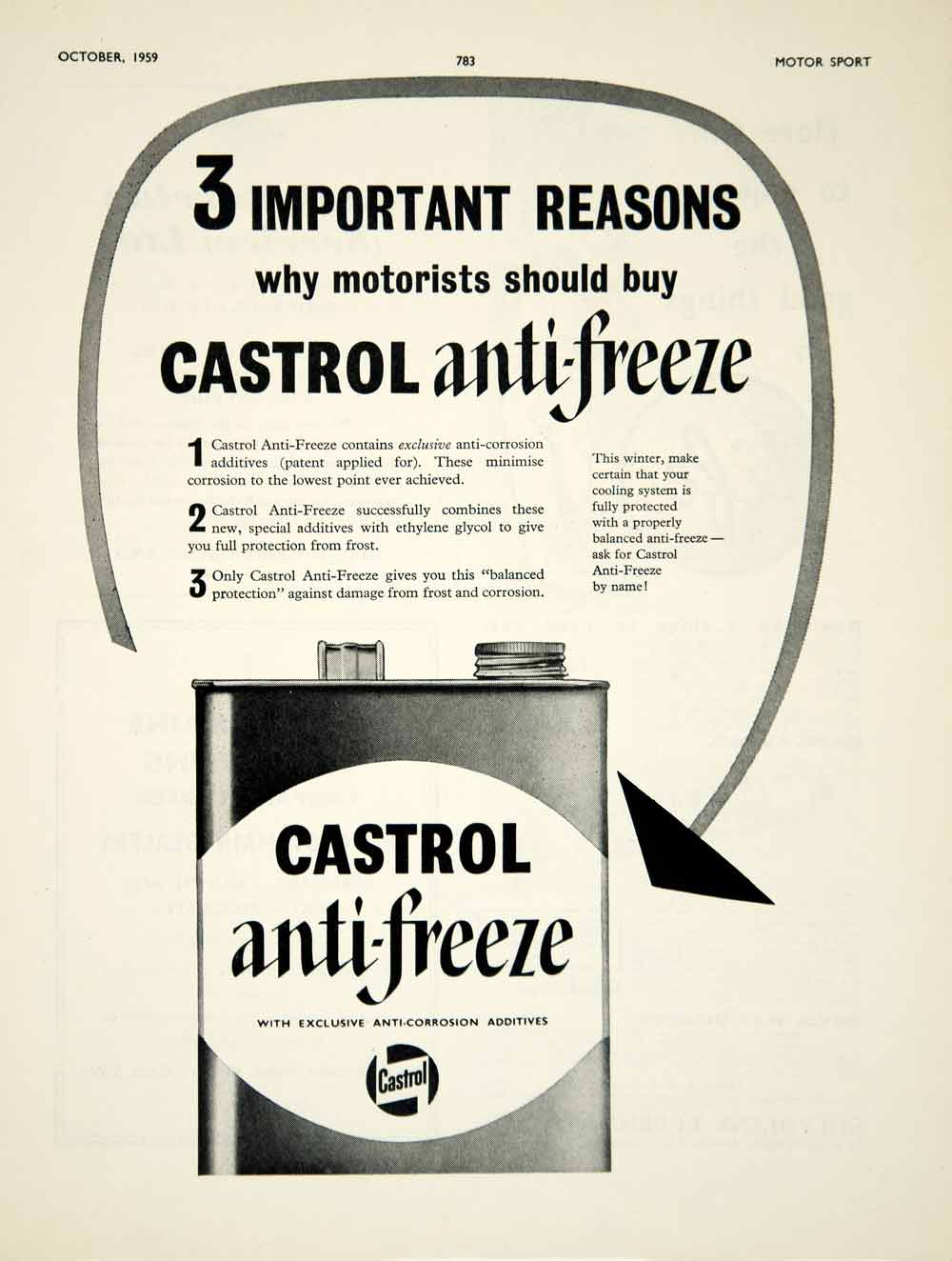1959 Ad Castrol Anti-Freeze Engine Additive Car Automobile Motor Oil Petrol YMT2