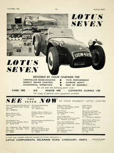 1959 Ad 1960 Lotus Seven 7 Roadster Sports Car Auto Racing First Generation YMT2