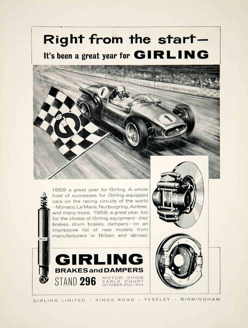 1959 Ad Girling Disc Drum Brakes Dampers Car Parts Formula One Auto Racing YMT2
