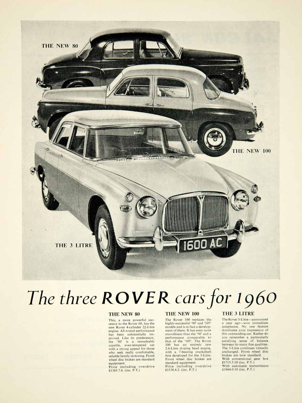 1959 Ad 1960 Rover P4 80 100 P5 3 Litre Saloon Car Classic Auto Collector YMT2