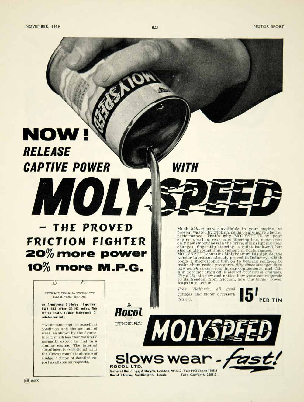1959 Ad Rocol Molyspeed Engine Additive Oil Petroleum Car Automobile Garage YMT2