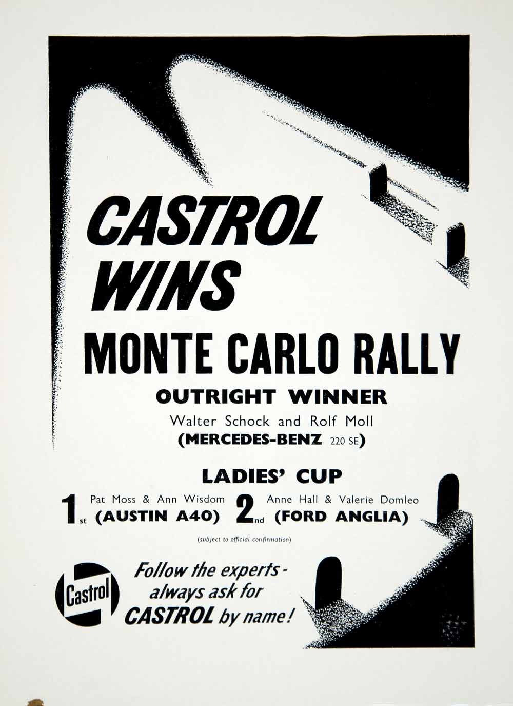 1960 Ad Castrol Motor Oil Petrol Monte Carlo Rally Car Automobile Racing YMT2