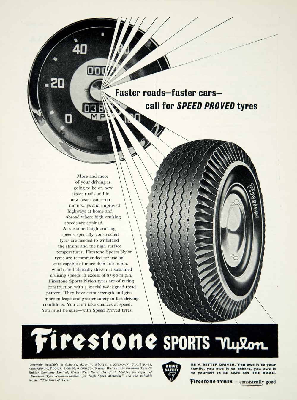 1960 Ad Firestone Sports Nylon Tyres Tires Car Automobile Part Speed Proved YMT2